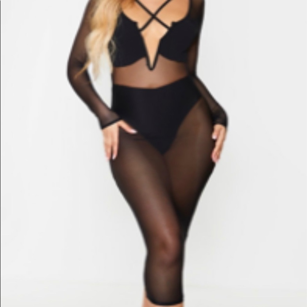 Black Mesh Strap Detail Long Sleeve Sheer Midaxi Dress